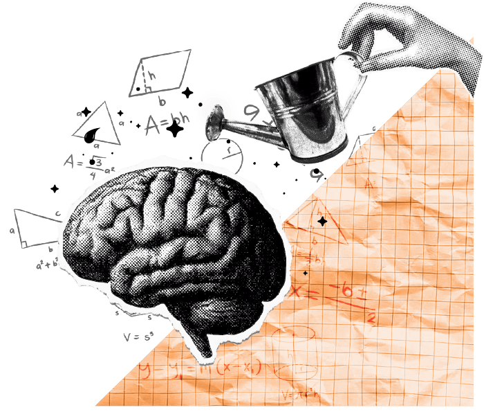 Arte abstrata com um cérebro, um regador e simbolos matemáticos