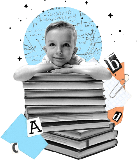 Arte com garoto debruçado em uma pilha de livros, e com símbolos matemáticos e letras soltas em plano de fundo da imagem.